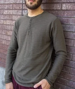 Sale Nayked Apparel Men'S Slub Knit Raw-Edge Henley/Discontinued Burnt Olive