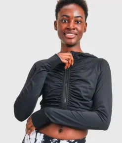 Fashion Nayked Apparel Ruched Front Cropped Hoodie Jacket/Discontinued Black