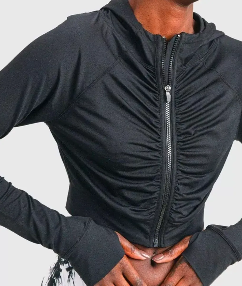 Fashion Nayked Apparel Ruched Front Cropped Hoodie Jacket/Discontinued Black
