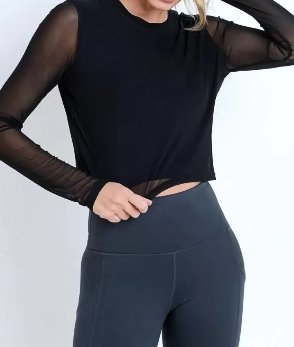 Hot Nayked Apparel Women'S Mesh Sleeve Overlay Crop Top/Discontinued Black