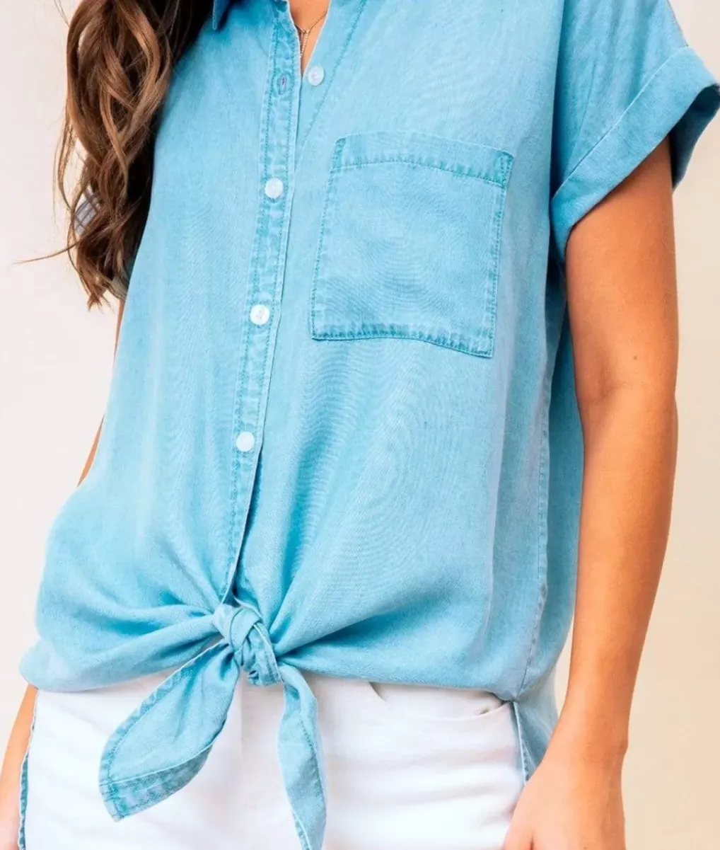 Fashion Nayked Apparel Women'S Tie Front Tencel Shirt/Discontinued Blue