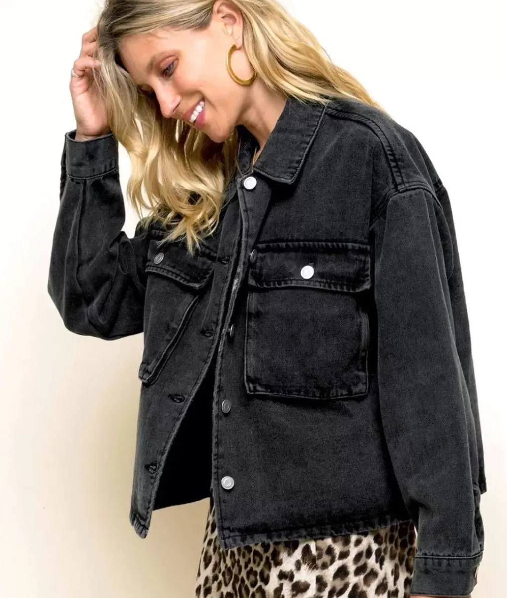 Clearance Nayked Apparel Women'S Vintage Washed Oversized Denim Jacket/Discontinued Black Denim